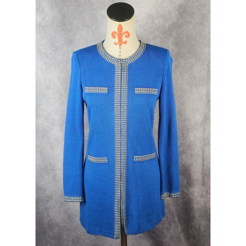 St. John Collection Cardigan Jacket Blue Metal Stud Trim Full Zip Womens 4